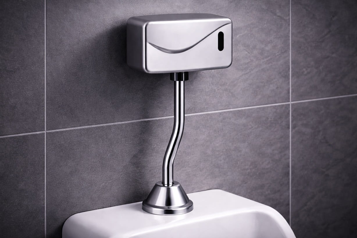 Hospitality restroom with refined recessed flush hardware, premium finishes, and quiet flush behavior for guest areas